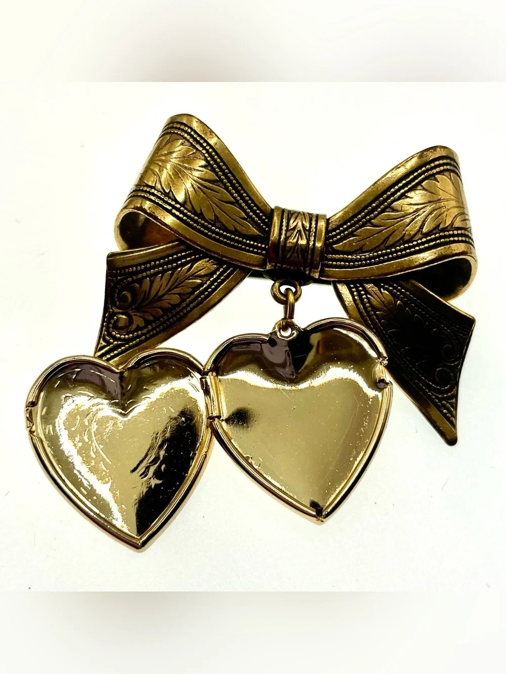 Vintage Gold Tone Bow Brooch Dangling Heart Locket Charm Victorian Revival